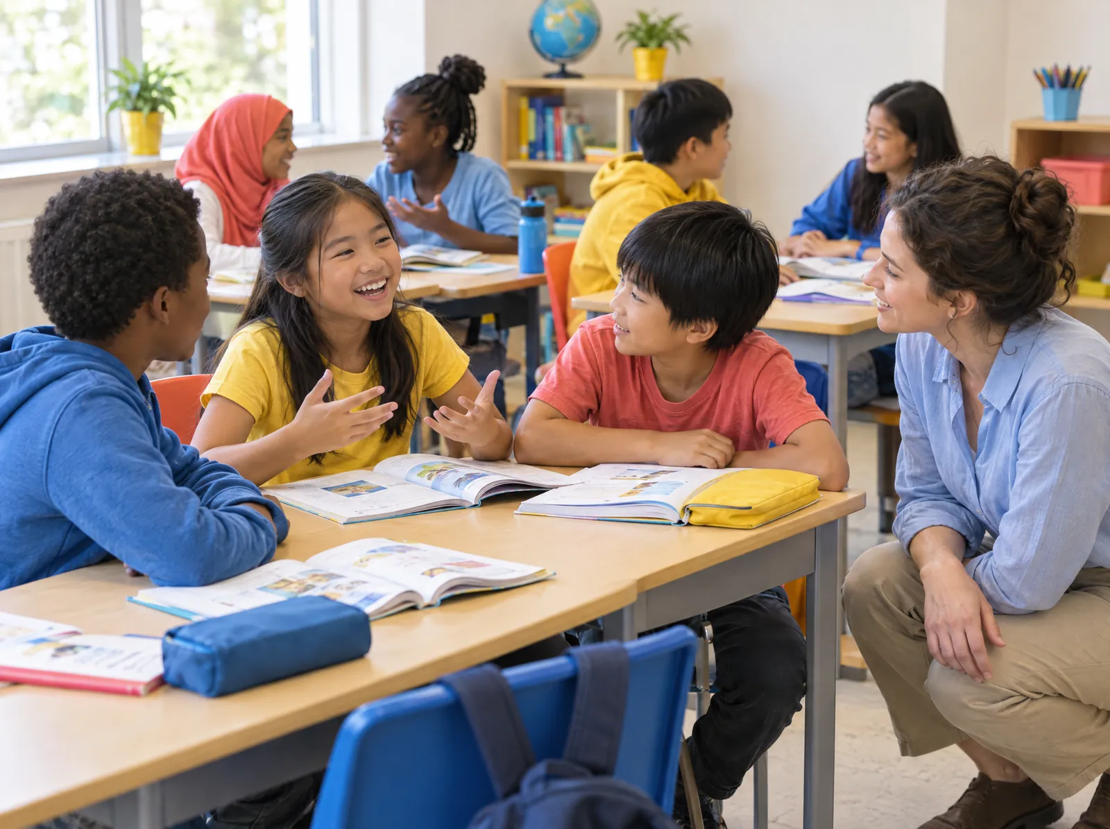 Students discussing in pairs while their teacher kneels beside them and listens
