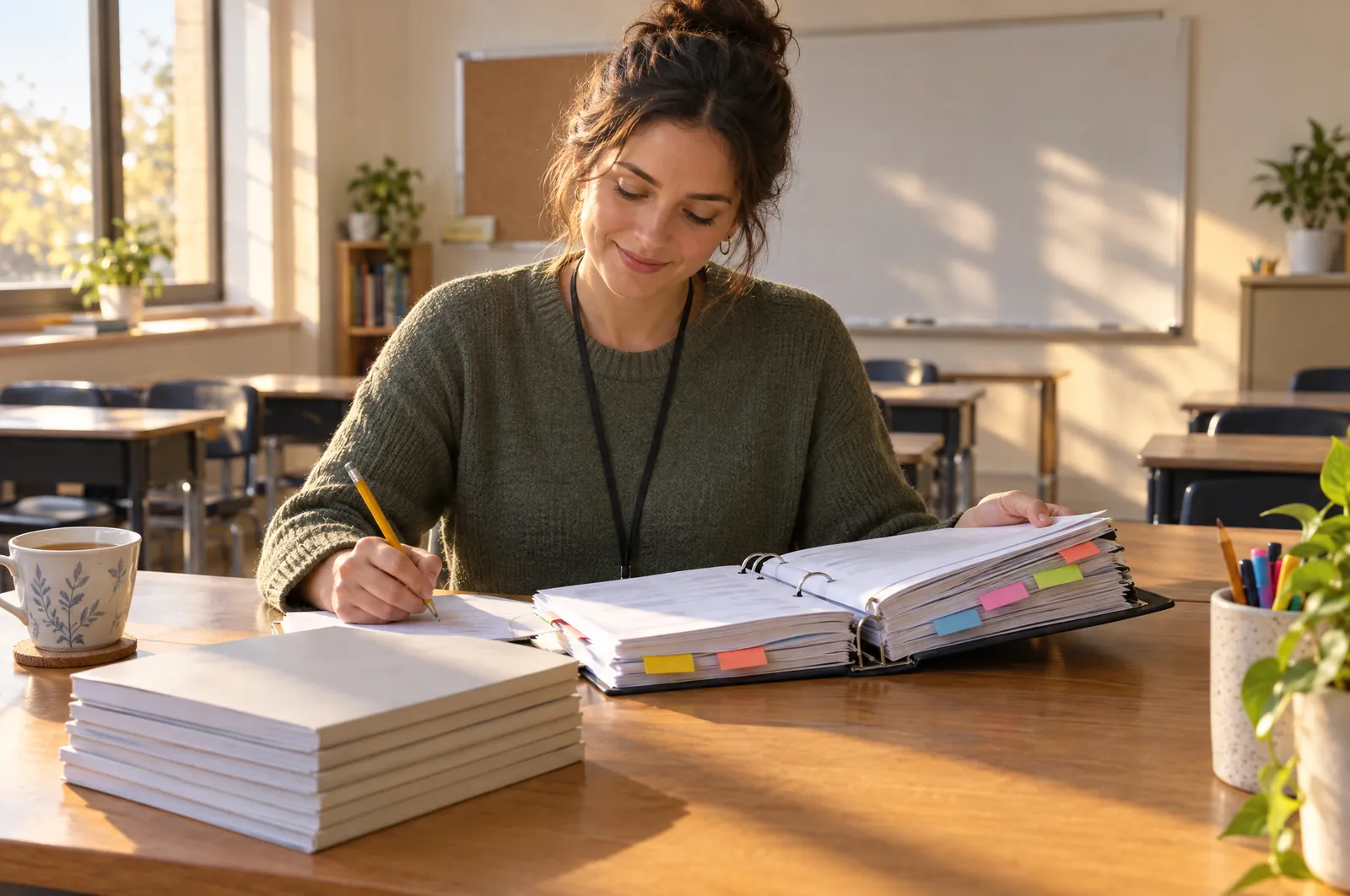A teacher preparing tomorrow’s lesson with a tabbed lesson guide